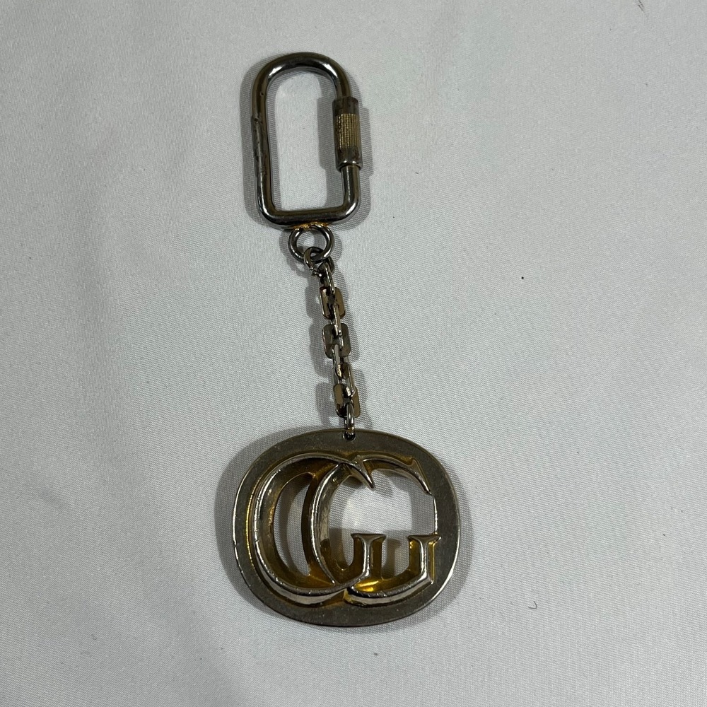 Vintage Gucci Interlocking GG Charm Keychain Metal Key Ring Silver Gold Tone